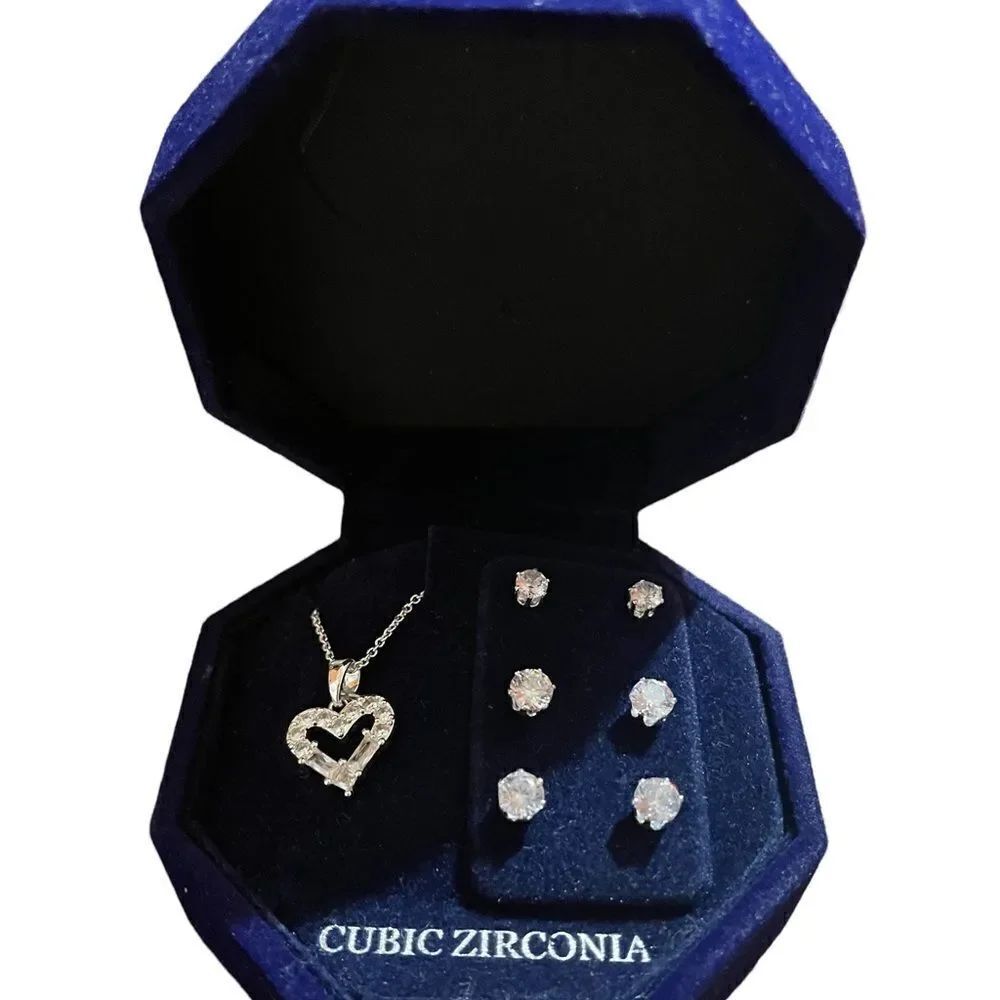 Silver Plate Cubic Zirconia Heart Necklace and Stud Earring Set